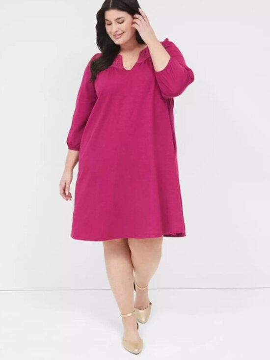 Lane Bryant Dresses & Skirts - LANE BRYANT UEC Sz 18/20 Berry Red 3/4-Sleeve Eyelet-Detail Cotton Swing Dress